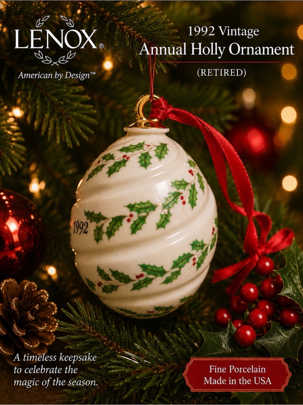 Vintage Lenox Annual Holly Ornament 1992 Retired Porcelain 3.5” Spiral Egg